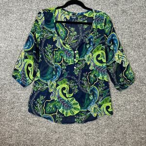 Old Navy Shirt Womens XS Blue Green‎ Floral Paisley Blouse Relaxed Bohemian